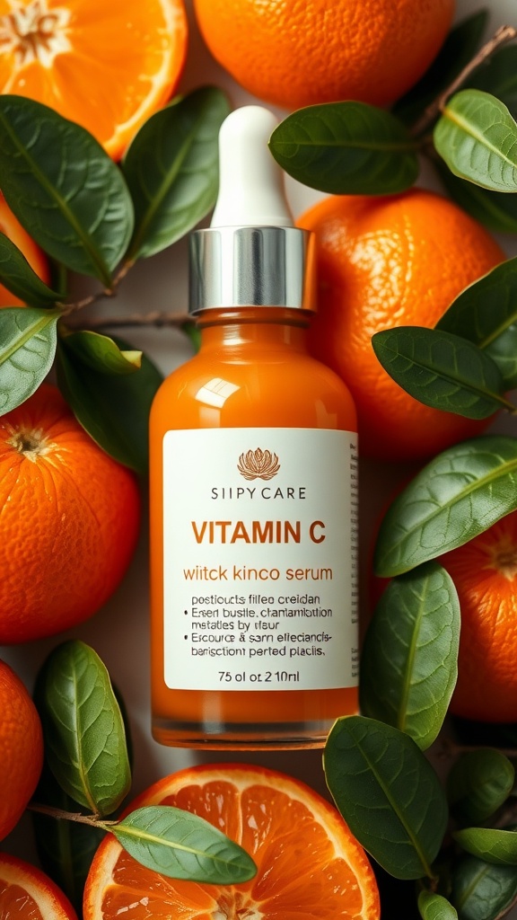 A bottle of Vitamin C serum surrounded by fresh oranges and green leaves.