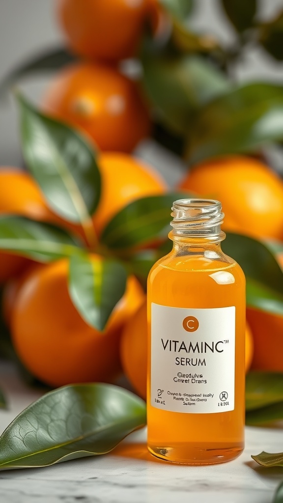 A bottle of Vitamin C serum in front of fresh oranges and green leaves.