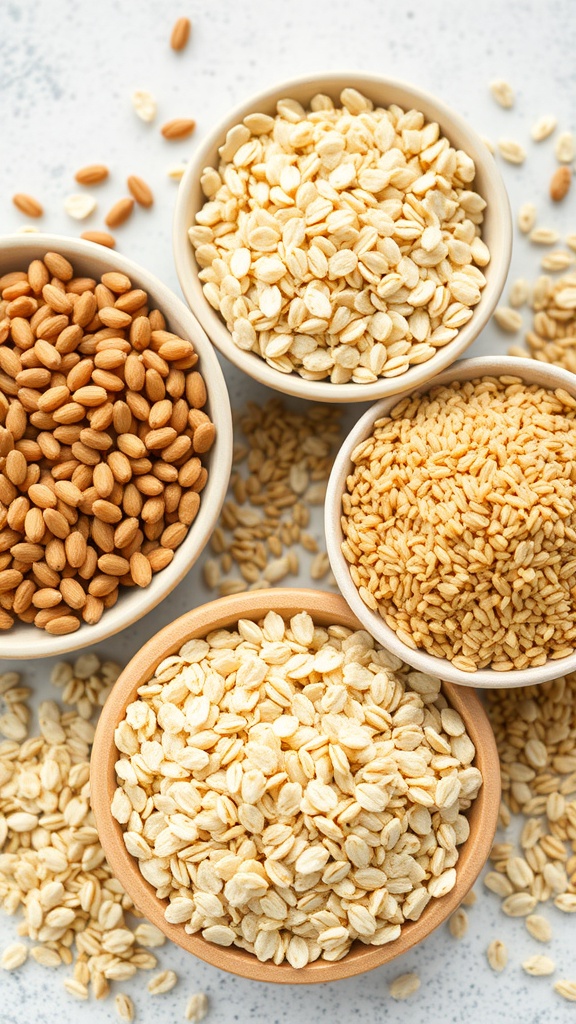 A variety of whole grains in bowls, including oats, barley, and quinoa.