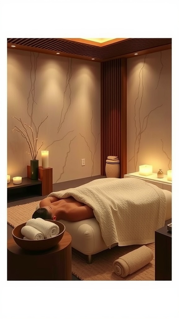 A peaceful spa room with a massage table and soft lighting, designed for relaxation.