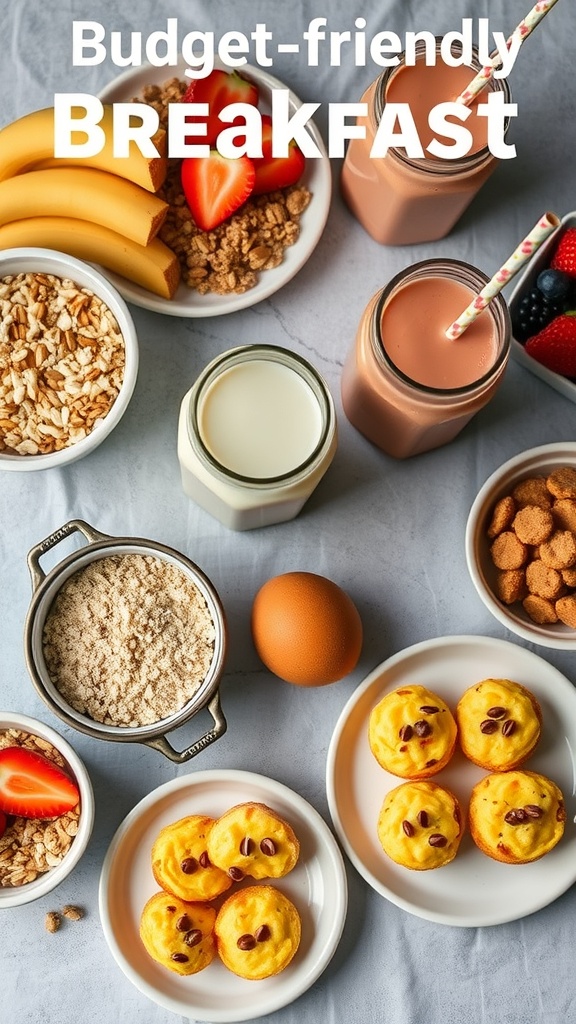 A variety of budget-friendly breakfast items including fruits, granola, smoothies, and baked egg muffins.