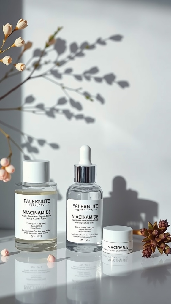 A collection of niacinamide skincare products displayed elegantly with soft shadows and floral accents.
