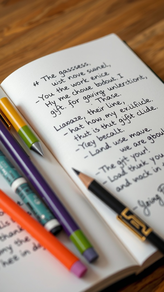 A close-up of an open notebook with handwritten notes, colorful pens nearby, symbolizing journaling for self-care.