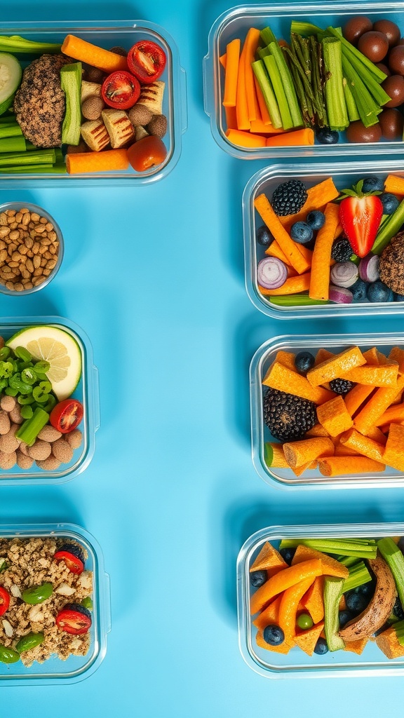 Colorful meal prep containers filled with fresh vegetables, fruits, and grains on a blue background.