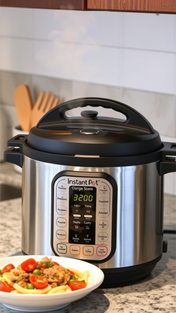 Instant Pot with a plate of pasta and vegetables