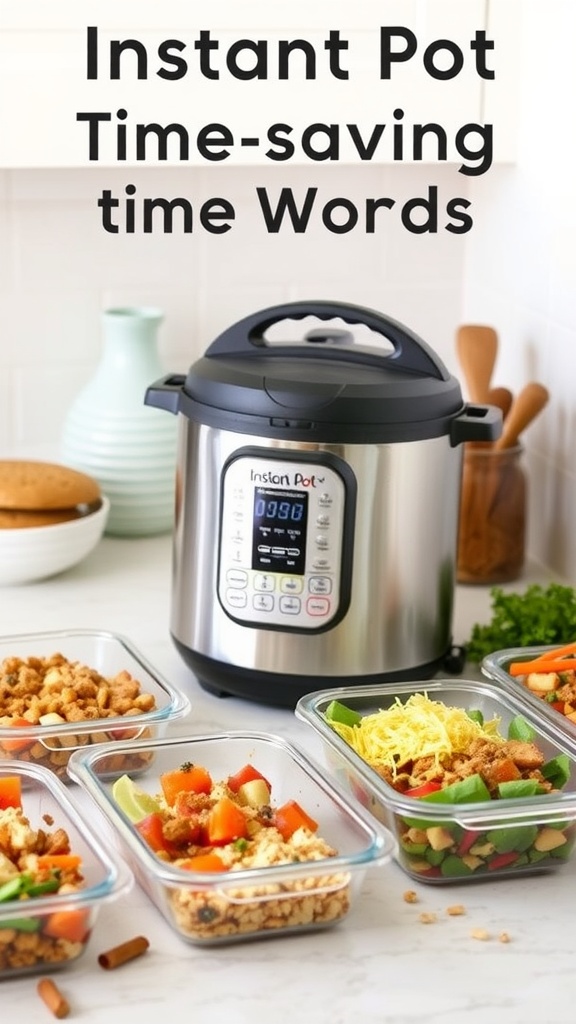 Instant Pot meal prep solutions with containers of healthy food.