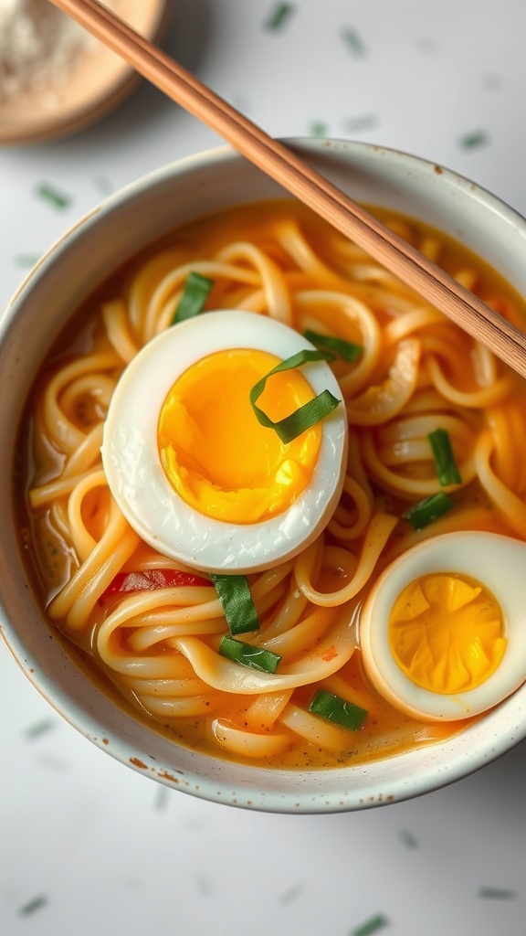 A bowl of instant ramen noodles topped with a soft-boiled egg and green onions.