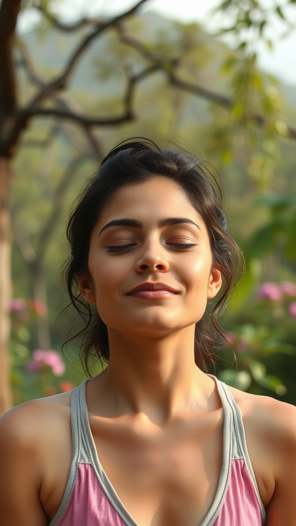 A person practicing face yoga outdoors with a calm expression