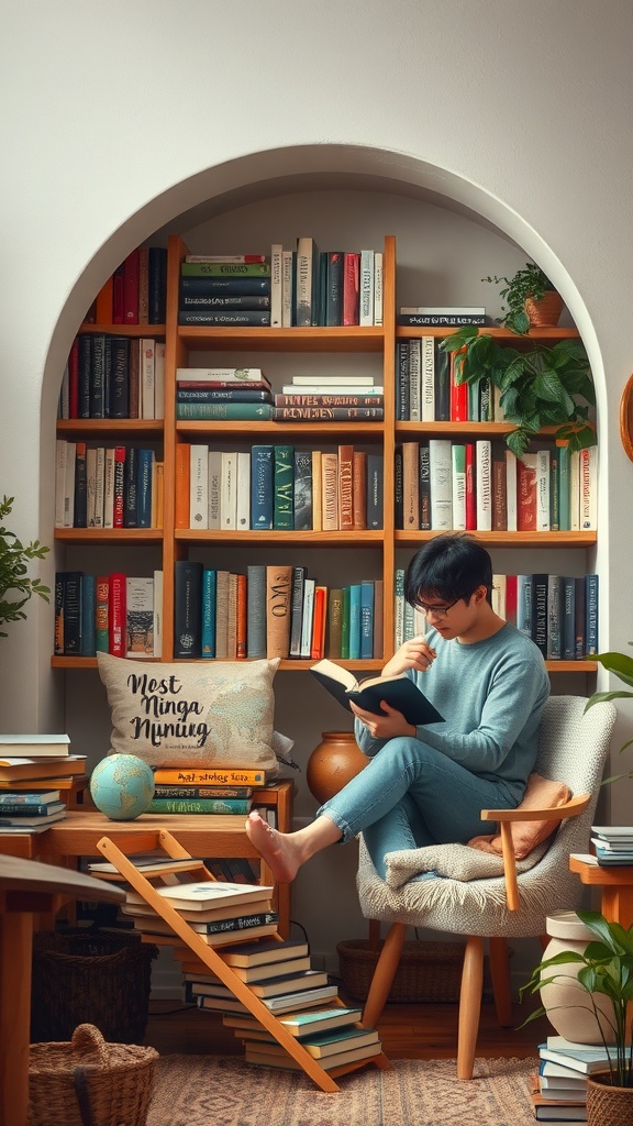 A person reading a book in a cozy nook surrounded by shelves filled with books and a globe.
