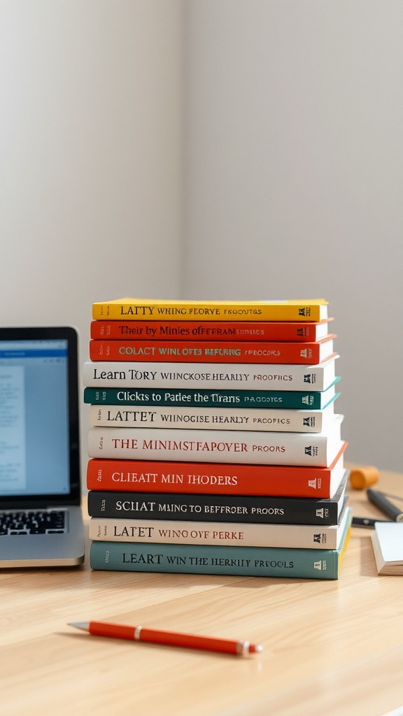 A stack of colorful books next to a laptop on a wooden desk.