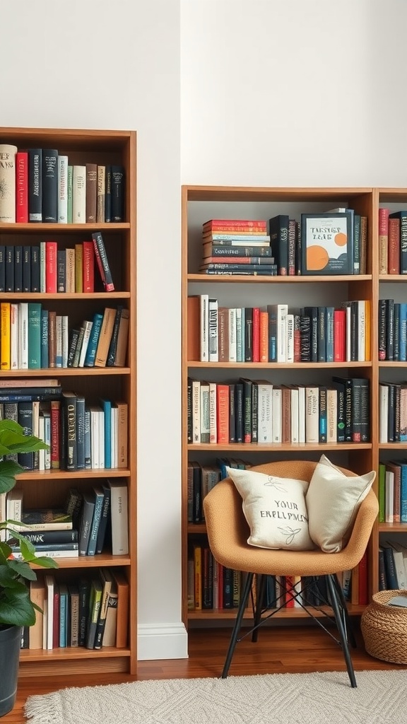 A cozy reading nook featuring bookshelves filled with books, a comfortable chair, and a decorative cushion that reads 'YOUR EMPLOYEE'.
