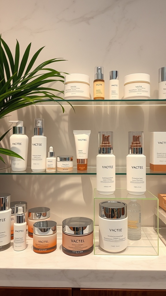 A display of various skincare products arranged on shelves with greenery in the background