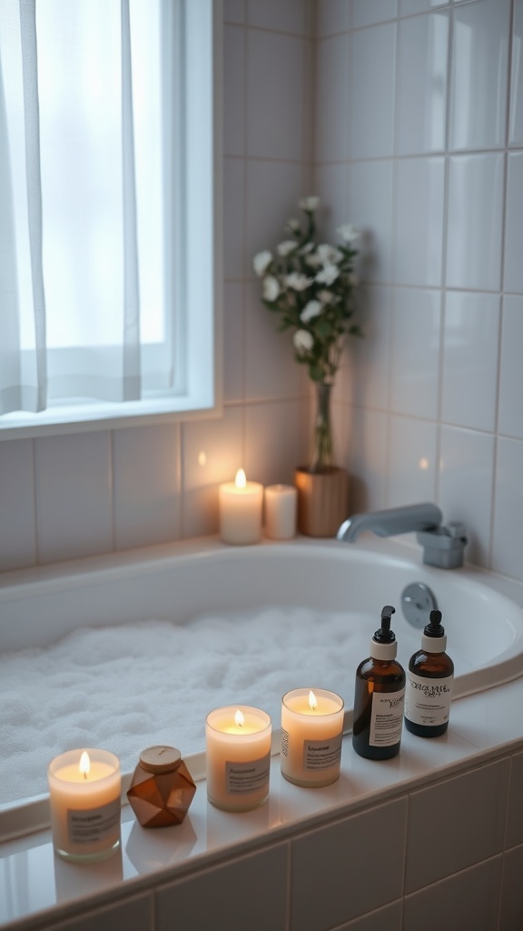 A serene bathroom scene featuring a bubble-filled bathtub, lit candles, and a vase of flowers, creating a peaceful atmosphere for self-care.