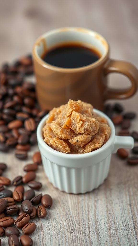 A cup of coffee next to a bowl of coffee bean face scrub surrounded by coffee beans.