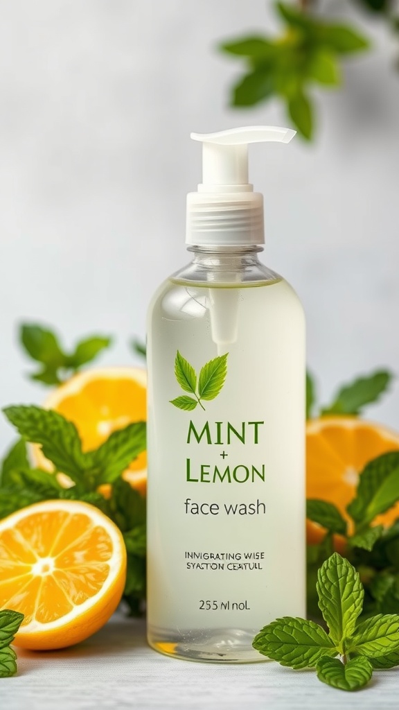 Mint and Lemon Face Wash bottle surrounded by fresh mint leaves and lemon halves