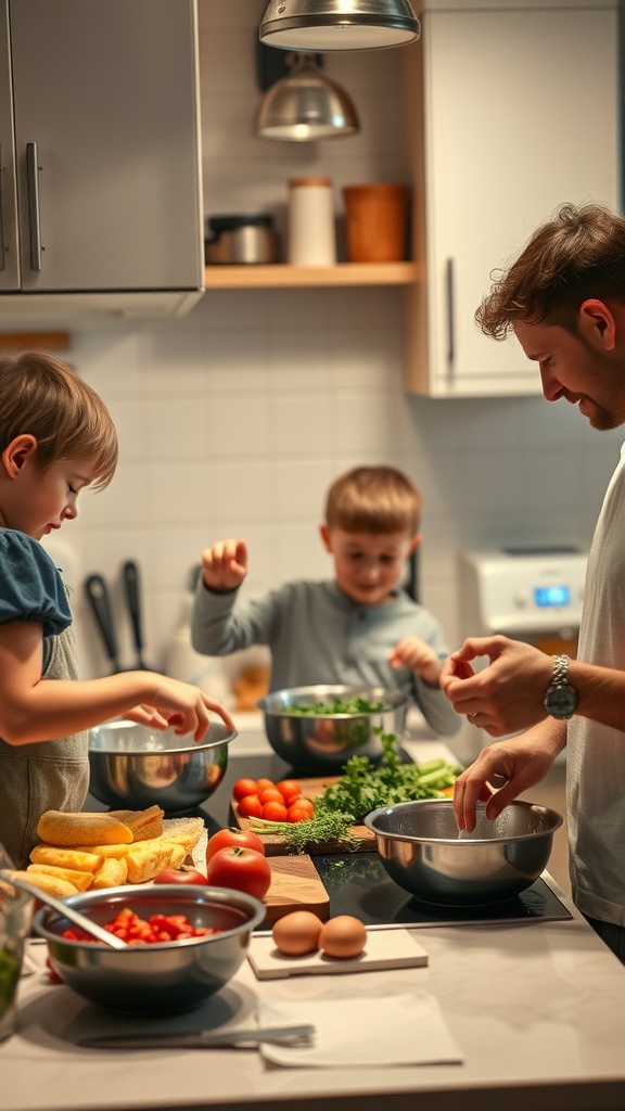A family cooking together in a kitchen, with kids helping to prepare ingredients.