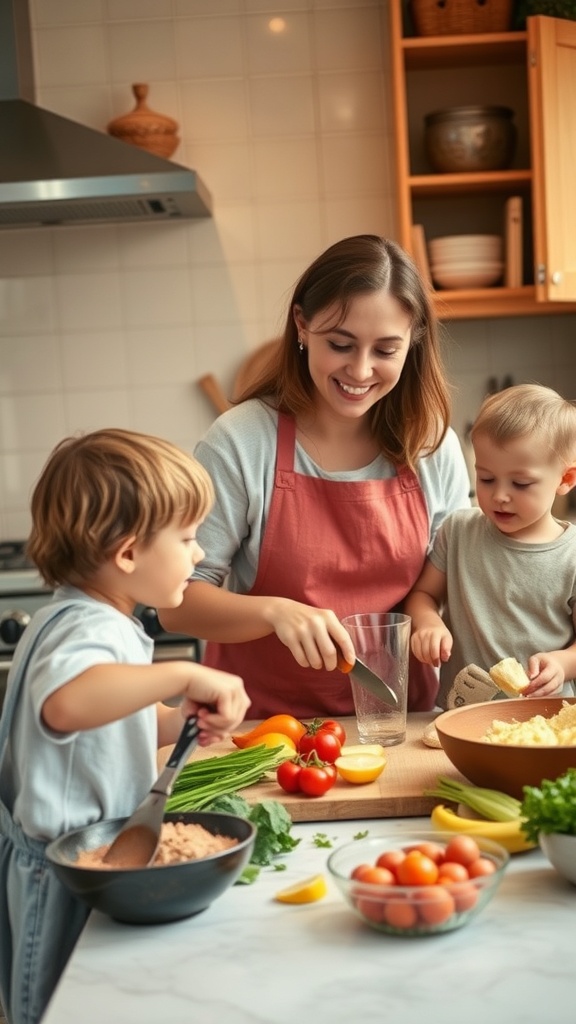 A mother cooking with her two children in a bright kitchen, surrounded by fresh vegetables and ingredients.
