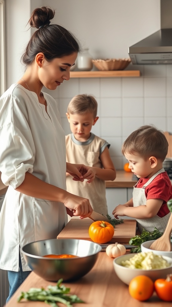 A mother and her two children engaged in meal prep in a cozy kitchen.