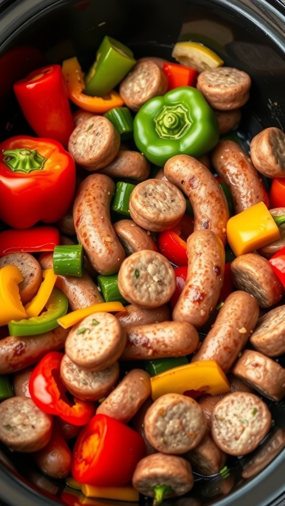 A slow cooker filled with Italian sausages and colorful bell peppers.