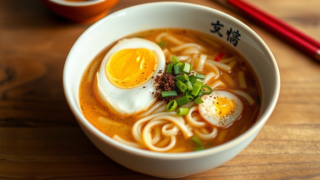 A bowl of Japanese ramen with a soft-boiled egg and green onions.