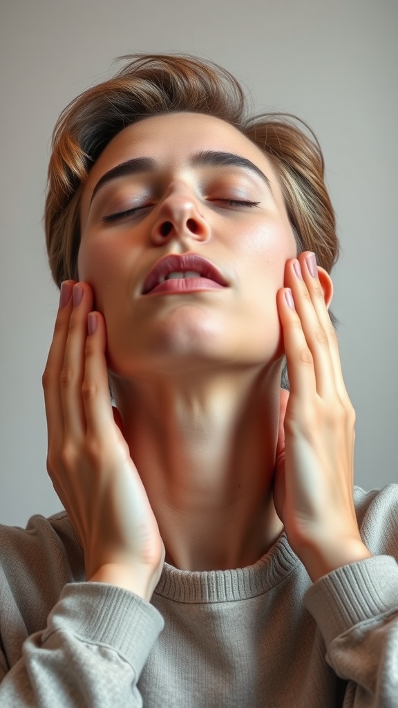 A person performing the Jaw Relaxation Technique by gently holding their face.