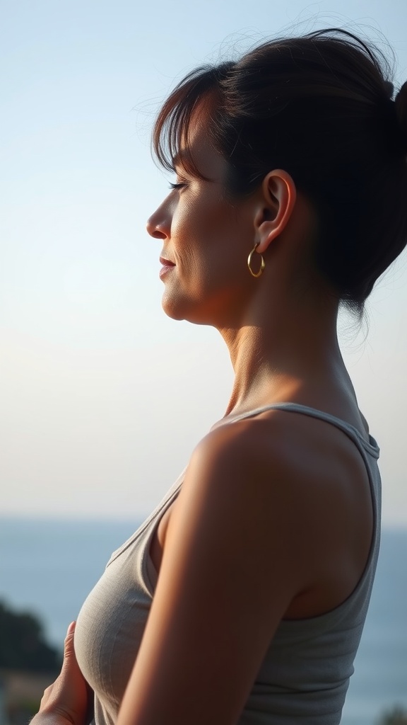 A woman practicing face yoga in a serene outdoor setting, focusing on jaw release.