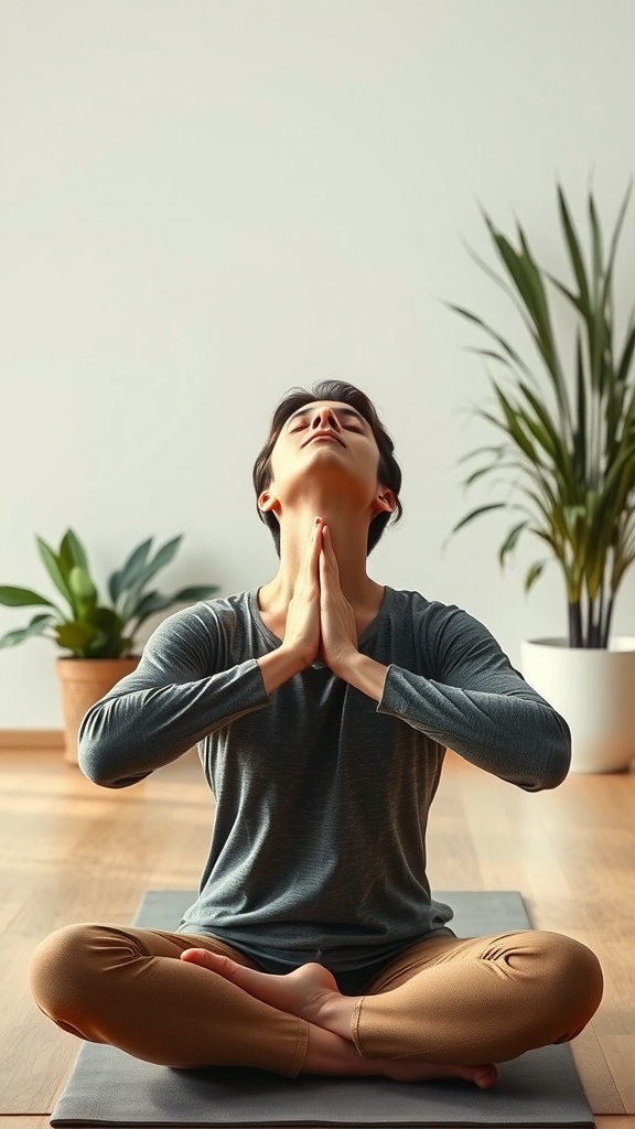 Person practicing yoga with hands in a prayer position, seated cross-legged in a serene indoor space.
