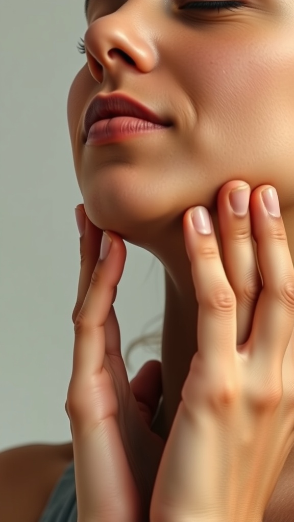 A close-up of a woman gently massaging her jawline with her fingers, demonstrating a jaw release technique.