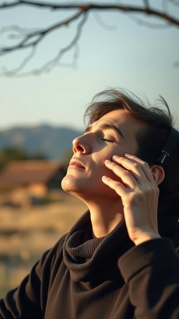 Person practicing jaw release exercise in a serene outdoor setting
