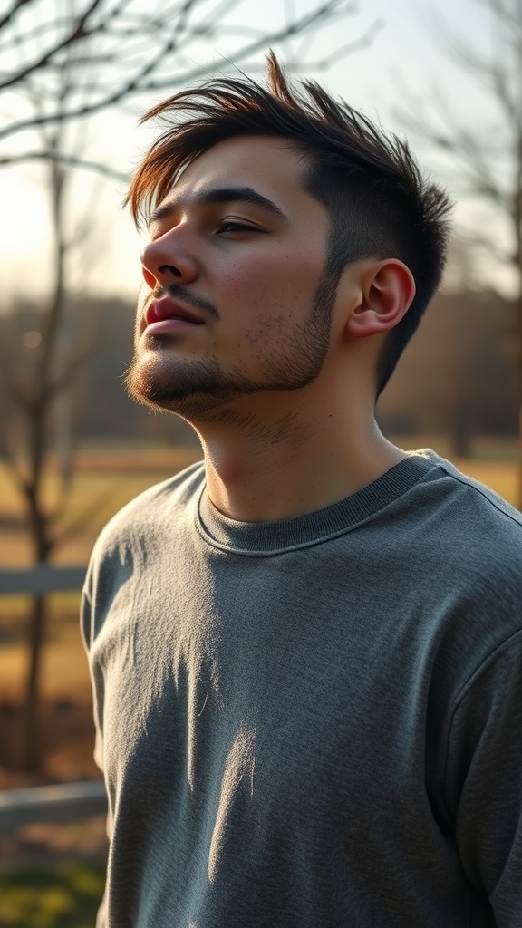 Young man performing a jaw release stretch outdoors