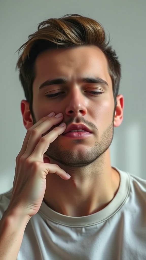 A person practicing the Jaw Release Technique by gently touching their jaw with their fingers, showcasing relaxation.