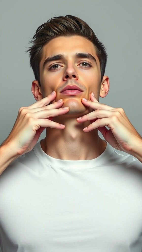 A person demonstrating the Jawline Definer face yoga move with hands positioned on their jaw.