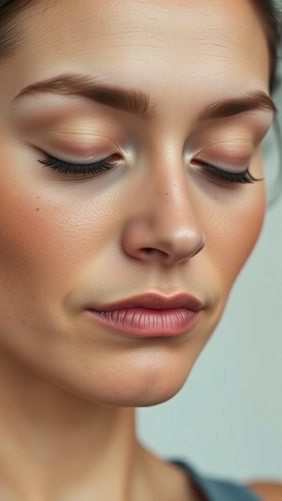 A person with closed eyes and a relaxed expression, focusing on their facial yoga practice.