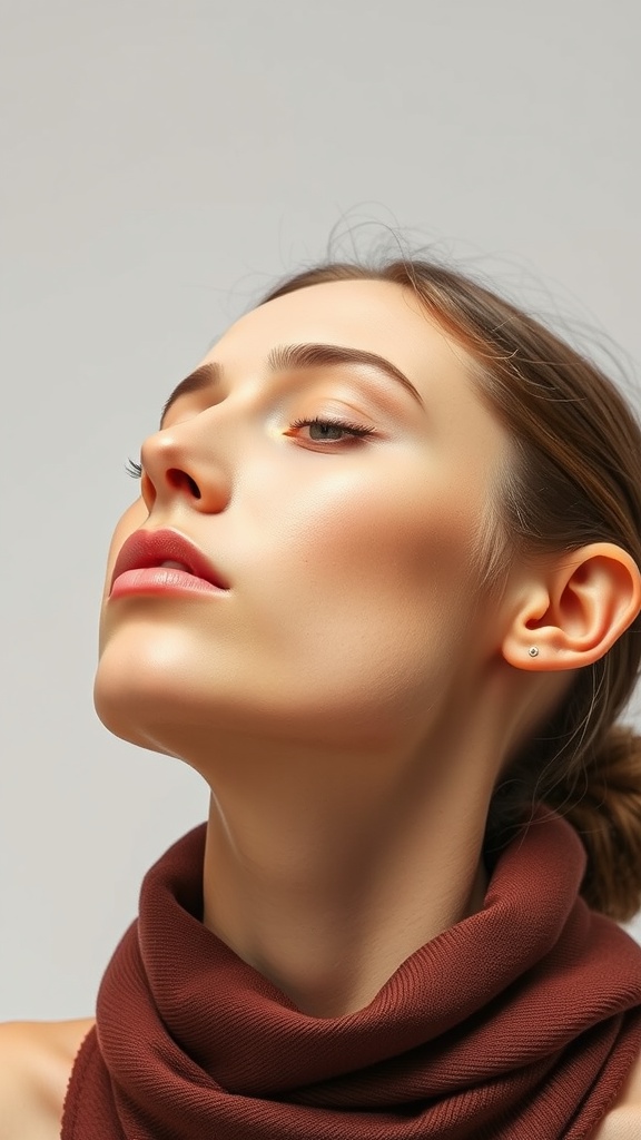 A model showcasing a defined jawline with her head tilted back.