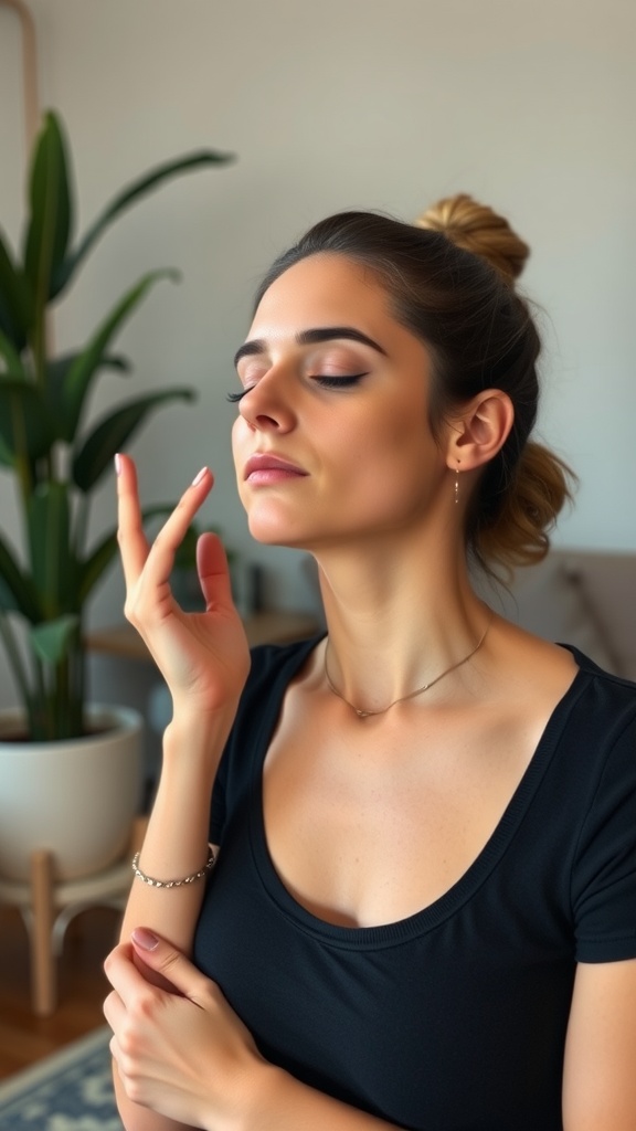 A woman practicing face yoga with a focus on her jawline.