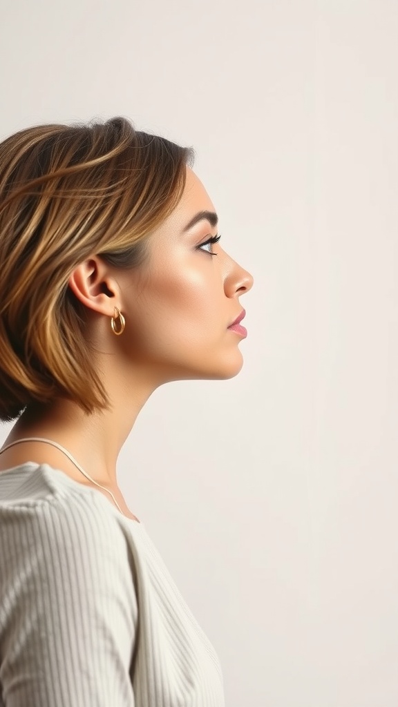 A person demonstrating a side profile showcasing a strong jawline, emphasizing the effectiveness of facial yoga.