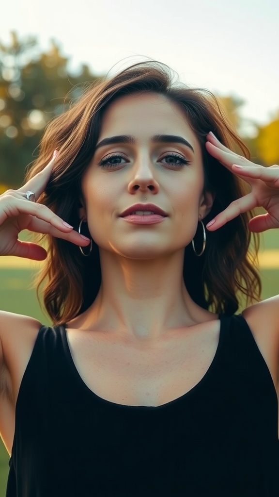 A woman demonstrating a facial yoga pose focused on jawline definition.