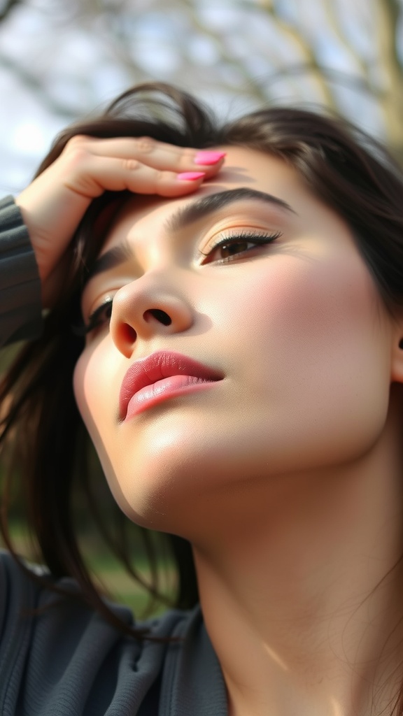A woman holding her forehead and tilting her head back, showcasing a jawline definition stretch.