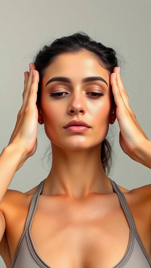 A woman practicing jawline definition face yoga technique.