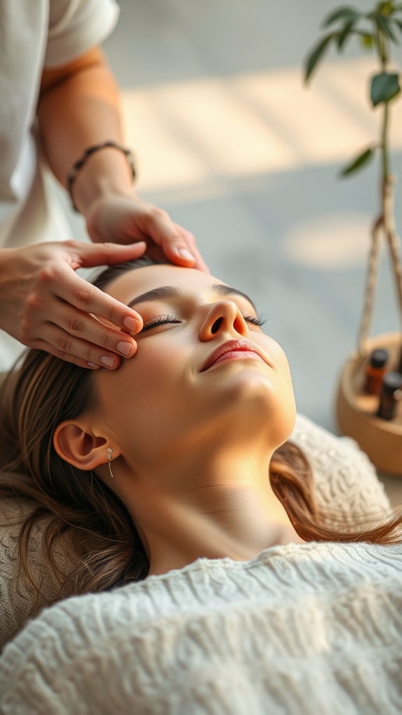 A person receiving a relaxing jawline massage, eyes closed, in a serene environment