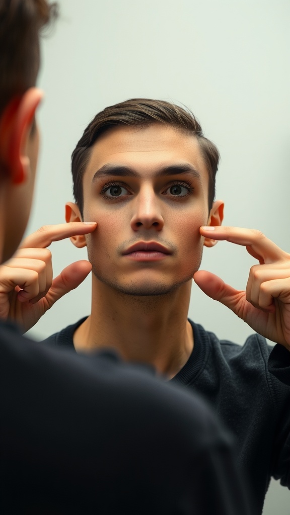 A person demonstrating a jawline sculpting exercise by pulling their cheeks while looking in a mirror.