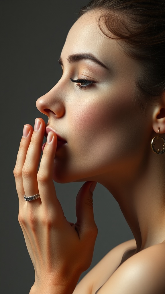 A person demonstrating the jawline sculpting movement by gently touching their jaw with both hands.