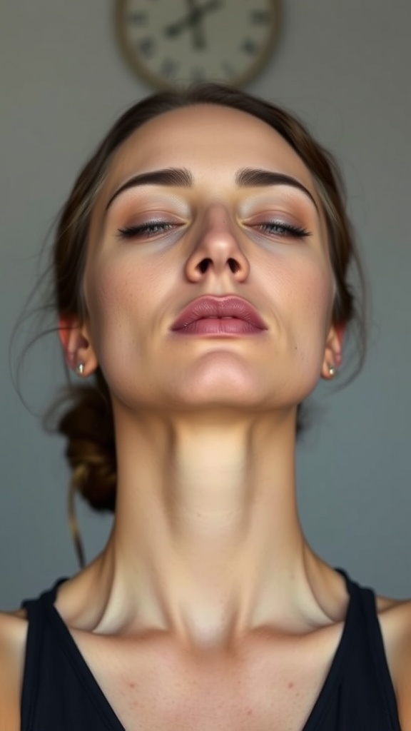 A person demonstrating the jawline sculpting technique in front of a clock.