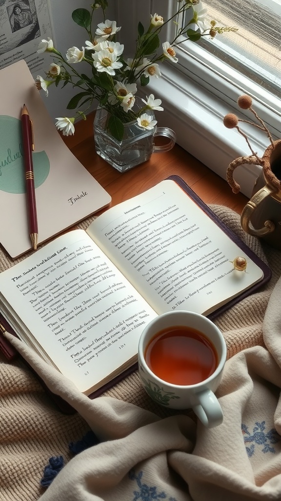 A cozy journaling setup featuring a book, a cup of tea, and flowers by a window.