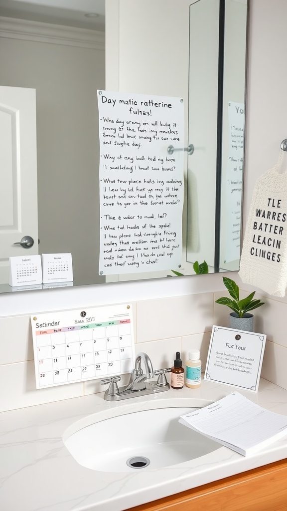 A bathroom countertop featuring a calendar, skincare products, and notes on a mirror, promoting a consistent skincare routine.