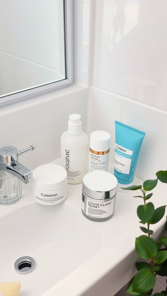 A variety of skincare products on a bathroom sink, including moisturizers and cleansers, emphasizing the importance of hydration for skin health.