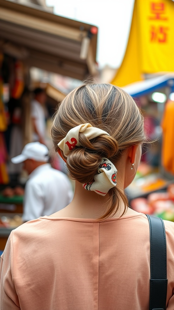 A woman with a knotted hair scarf styled in her ponytail, showcasing a casual and playful hairstyle.