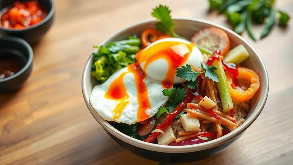 A bowl of Korean Bibimbap with mixed vegetables and a fried egg on top.