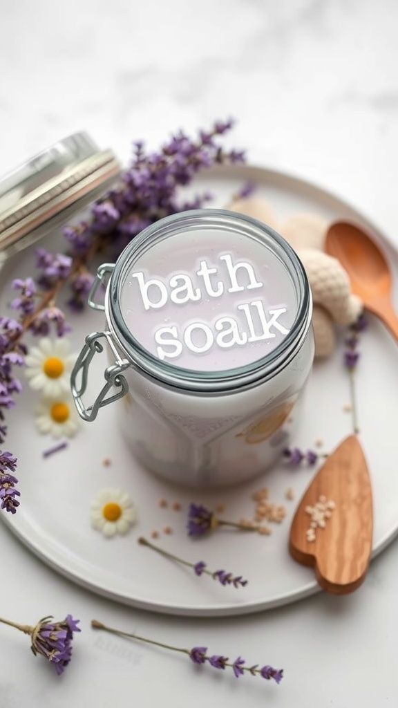 A jar labeled 'bath soak' filled with a lavender and chamomile mix, surrounded by dried flowers and wooden scoops.