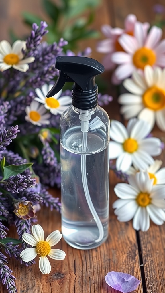 A clear spray bottle filled with liquid, surrounded by lavender and daisies on a wooden surface.